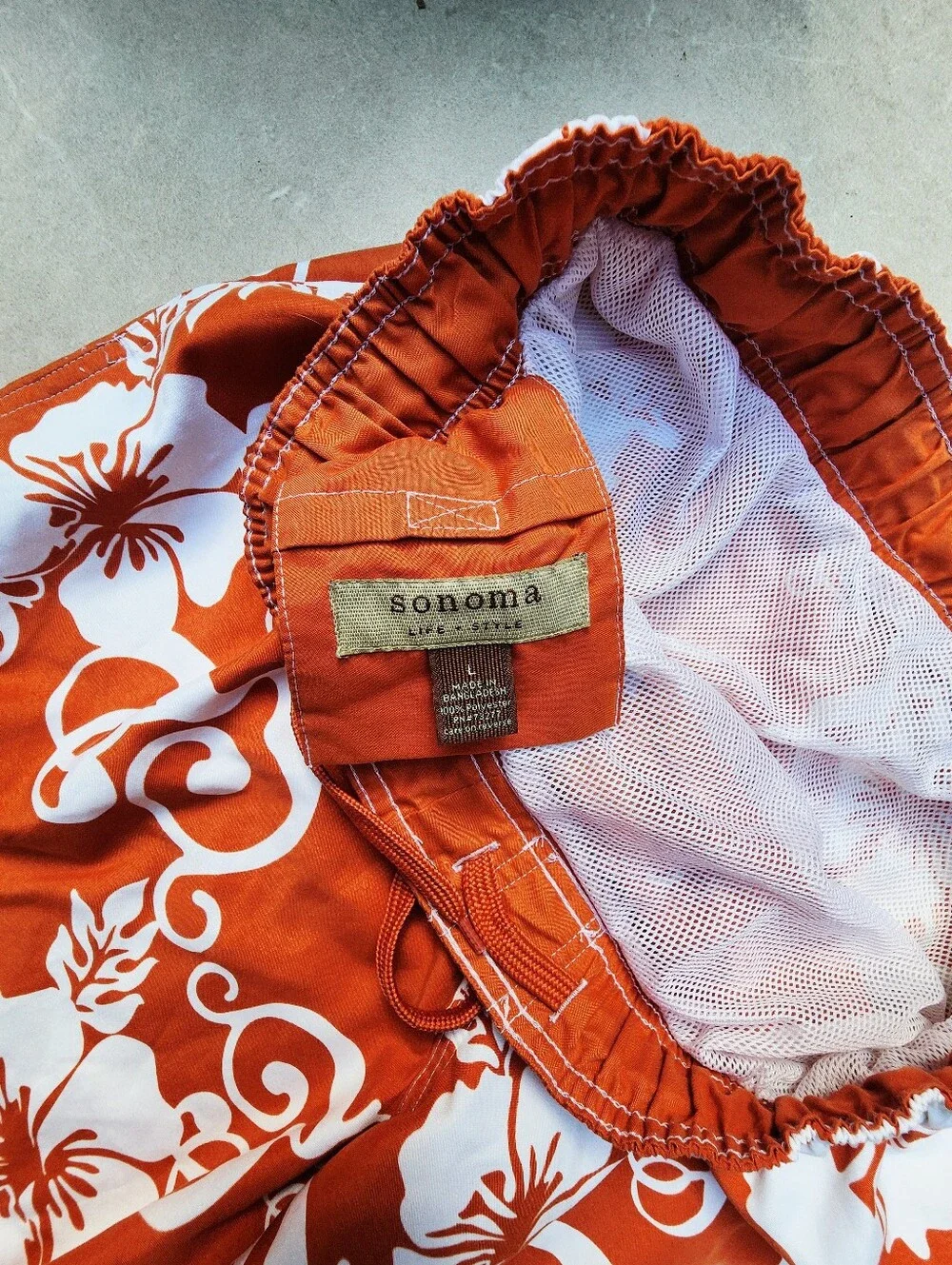 Men's Large Orange White Floral Sonoma Swimsuit Trunks Hawaiian